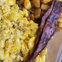 scrambled eggs, home fries (w/ onion), turkey bacon scrambled eggs, home fries (w/ onion), turkey bacon