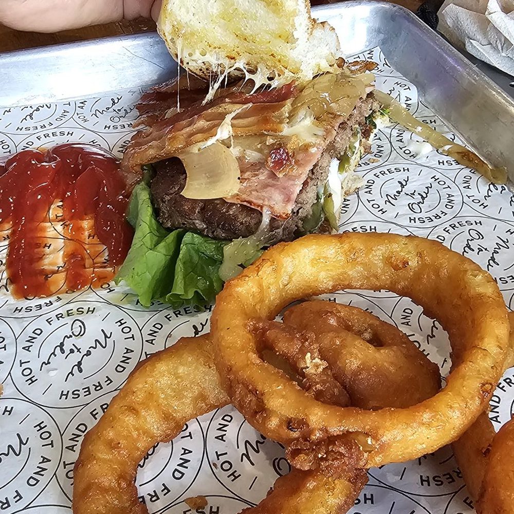 HBO burger and onion rings