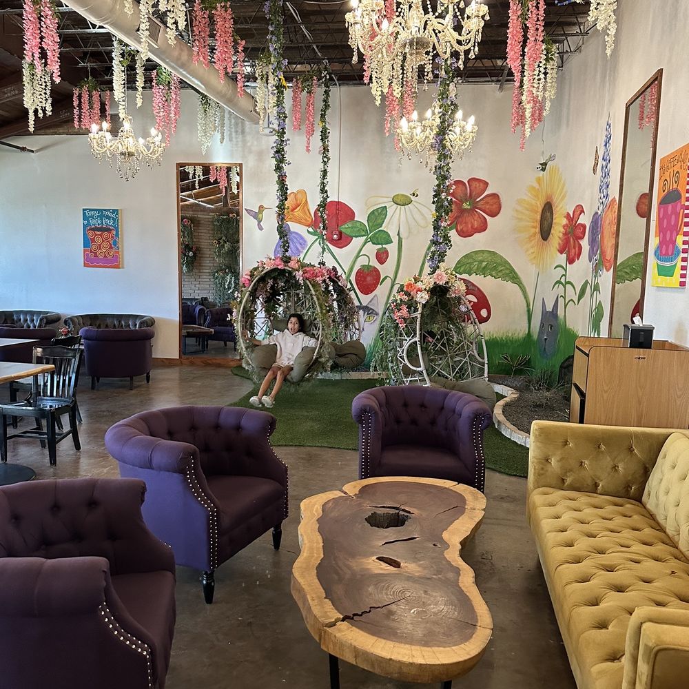 purple chairs and a coffee table