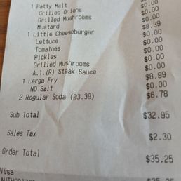 2 burgers fries and 2 drinks, what a ripoff for $35.25. 2 burgers fries and 2 drinks, what a ripoff for $35.25.