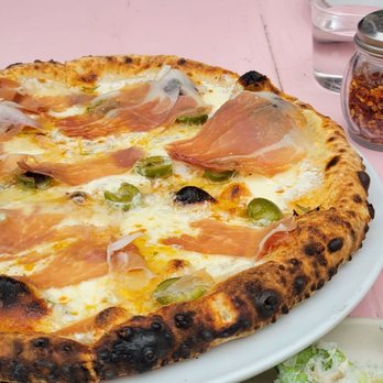 Bettina - Prosciutto with olives, fontina - Pizza Near Me - Santa Barbara, California Bettina - Prosciutto with olives, fontina - Pizza Near Me - Santa Barbara, California