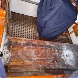 Granola Boat Care - Fiberglass slop all over in my cockpit on the wood due to brandy/granola boat care