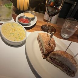 Burger, cream corn, French fries