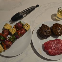 The ribeye, flank pinwheels, and veggie skewers were all incredible!