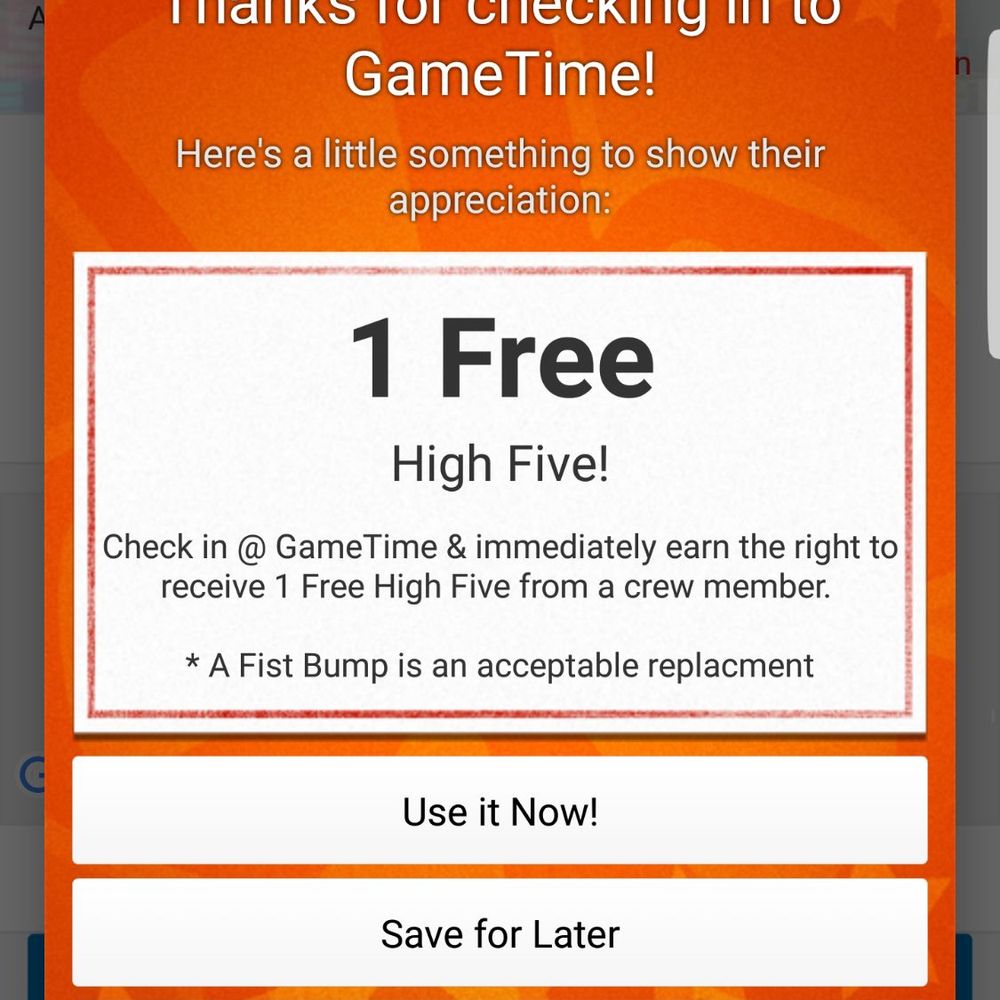GameTime - A High Five as my check in offer? Really? Not even a few free tokens? - Arcades Near Me - Vero Beach, Florida GameTime - A High Five as my check in offer? Really? Not even a few free tokens? - Arcades Near Me - Vero Beach, Florida