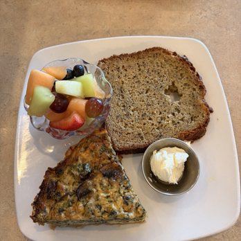 Bread and Butters Eatery - We call it Lexi (spinach quiche option) came with fruit and banana bread! - Breakfast & Brunch Near Me - Parker, Colorado