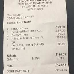 Receipt for a flat of impatiens, two pots, two saucers, two plants, and a bag of soil. Receipt for a flat of impatiens, two pots, two saucers, two plants, and a bag of soil.