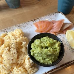 Colleens Cafe - Scrambled eggs with avocado and I added smoked salmon.