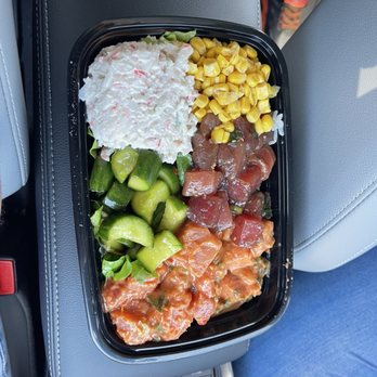 808 Poke Shop - Large Poke Bowl - White Rice w/ Furikake - Spicy Salmon, Ahi Shoyu, and Spicy Tuna Poke - Crab Meat Salad, Corn, Cucumber - Poke Near Me - Bremerton, Washington
