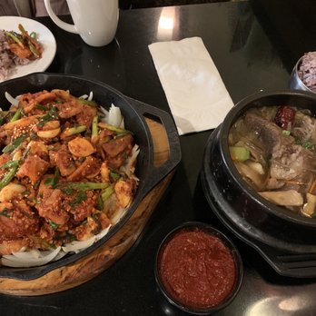 Korea House - B5. Samgyeopsal Garlic BohkEum (left) + E12. Kalbi Jjim (right) - Korean Near Me - Bothell, Washington Korea House - B5. Samgyeopsal Garlic BohkEum (left) + E12. Kalbi Jjim (right) - Korean Near Me - Bothell, Washington