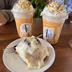 The Crossing Coffee Shop - pumpkin caramel chia frappes and a big cinnamon roll