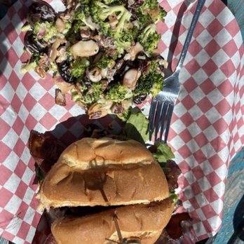 Great Bear Cafe - Huckleberry bison burger with broccoli salad - Cafes Near Me - Hungry Horse, Montana