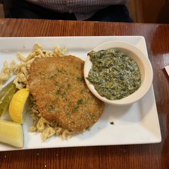 The Berghoff Restaurant - Wiener Schnitzel with creamed spinach - Bars Near Me - Chicago, Illinois