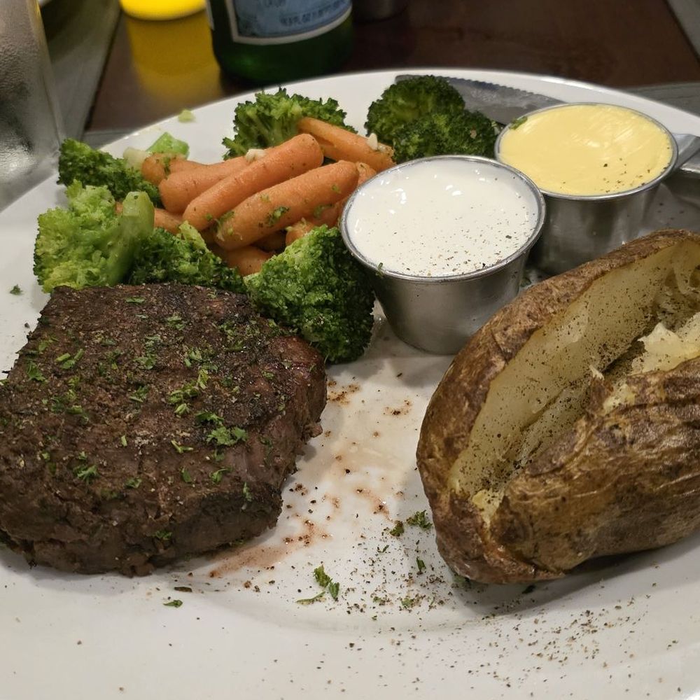 Cavaleiro’s Steakhouse - Filet mignon with baked potato and mixed vegetables. - Wine Bars Near Me - Lowell, Massachusetts Cavaleiro’s Steakhouse - Filet mignon with baked potato and mixed vegetables. - Wine Bars Near Me - Lowell, Massachusetts