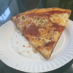 a slice of pizza on a paper plate