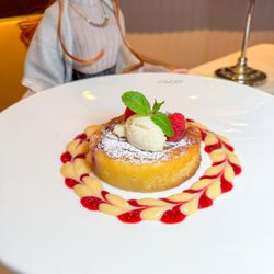 Le Papillon - Peach Clafoutis with Vanilla Cremeaux and Creme Anglaise