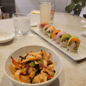 ikigai - Front: Ika Sansai (calamari salad) Middle: Rainbow Roll #1 Back: Moshi Sparkling Drink - Yuzu White Peach - Sushi Bars Near Me - Los Angeles, California ikigai - Front: Ika Sansai (calamari salad) Middle: Rainbow Roll #1 Back: Moshi Sparkling Drink - Yuzu White Peach - Sushi Bars Near Me - Los Angeles, California