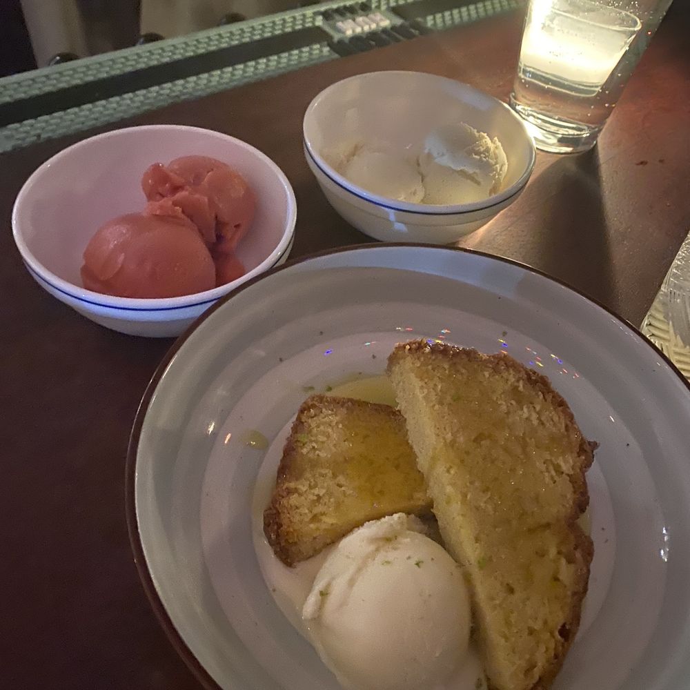 Maloya - Desert: corn cake with ginger ice cream, kefir lime vanilla ice cream, rose lychee raspberry sorbet (all homemade) - French Near Me - Brooklyn, New York