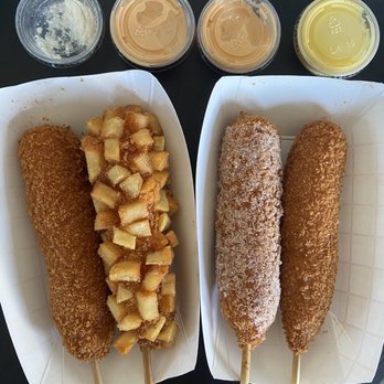Seoul Hotdog - Left to right, Seoul, mozza & sausage with potato crust, mozza with sugar rub, rice cake - Hot Dogs Near Me - Berkeley, California