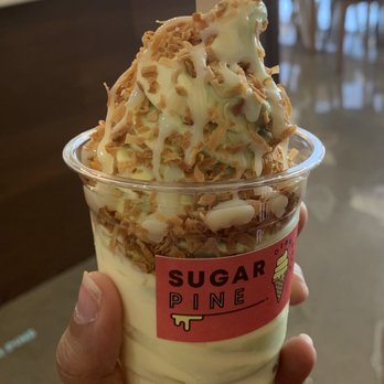 Sugar Pine Creamery - regular size cup of mango lassi + pistachio matcha swirl with toasted coconut topping and a sweet milk drizzle - Ice Cream & Frozen Yogurt Near Me - Plano, Texas Sugar Pine Creamery - regular size cup of mango lassi + pistachio matcha swirl with toasted coconut topping and a sweet milk drizzle - Ice Cream & Frozen Yogurt Near Me - Plano, Texas