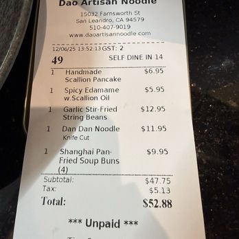 Dao Artisan Noodle - Receipt - Noodles Near Me - San Leandro, California Dao Artisan Noodle - Receipt - Noodles Near Me - San Leandro, California