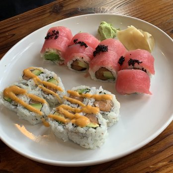 Koi Asian Bistro - Top- Cherry Blossom Roll, Bottom- Spicy Salmon Roll - Asian Fusion Near Me - Greenville, South Carolina