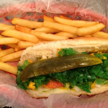 Union Dairy - Chicago style hot dog with mustard, onion, relish, tomato, sport peppers and pickle - Ice Cream & Frozen Yogurt Near Me - Freeport, Illinois