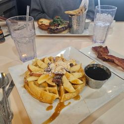 Childers Eatery - Caramel Apple Churro Waffle,  Smoked Bacon Bourbon Bacon Blue Burger