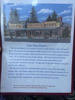 Menu photo 1 Tom's Place Cafe Crowley Lake, CA Menu photo 1 Tom's Place Cafe Crowley Lake, CA