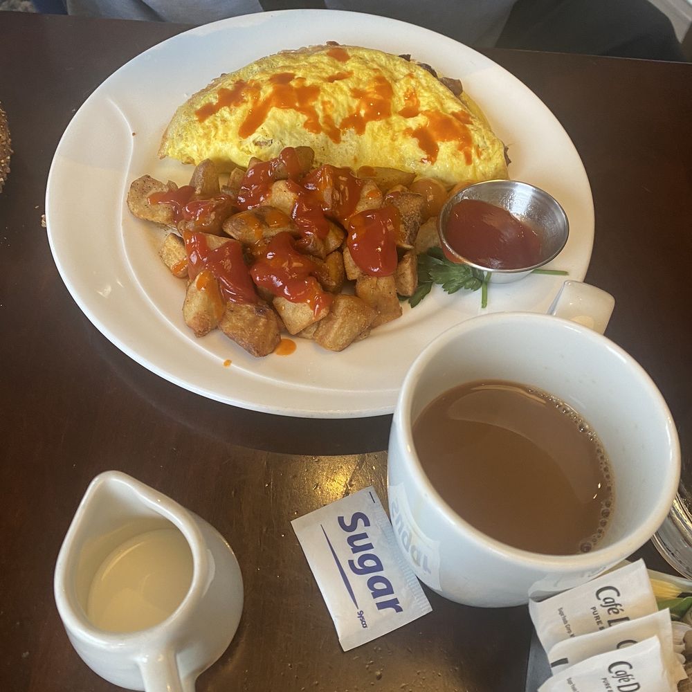 Panorama Bar & Grill - Breakfast omelette with house potatoes and coffee with cream, also came with toast - Cocktail Bars Near Me - San Diego, California Panorama Bar & Grill - Breakfast omelette with house potatoes and coffee with cream, also came with toast - Cocktail Bars Near Me - San Diego, California