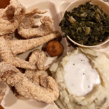 Lambert's Cafe - Catfish platter with mashed potatoes and turnip greens. - Seafood Near Me - Foley, Alabama Lambert's Cafe - Catfish platter with mashed potatoes and turnip greens. - Seafood Near Me - Foley, Alabama