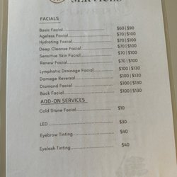 Great Massage And Facial Spa - Skincare services pricing - dec 2022