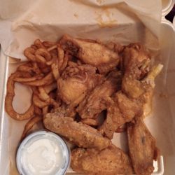 It's Just Wings - Garlic Parmesan wings with curly fries and ranch dressing