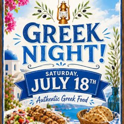 Come and join us for our Greek Night at the Brass Lantern restaurant we're open that day 6:30am to 8pm