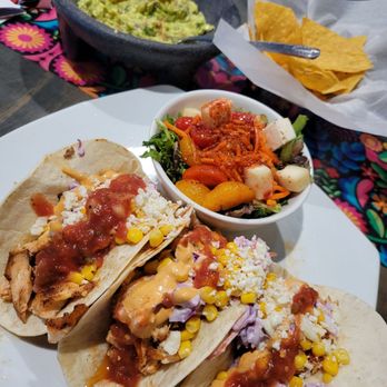 Ay Wey Mexican Kitchen & Tequila - Tacos Del Mar with Salmon, side spring salad instead of rice and beans. Fresh guacamole. - Mexican Near Me - Dunn, North Carolina Ay Wey Mexican Kitchen & Tequila - Tacos Del Mar with Salmon, side spring salad instead of rice and beans. Fresh guacamole. - Mexican Near Me - Dunn, North Carolina