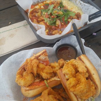 Uptown Scratch Kitchen - Fish & Grits Shrimp PoBoy with Onion Rings - Food Trucks Near Me - Saint Augustine, Florida