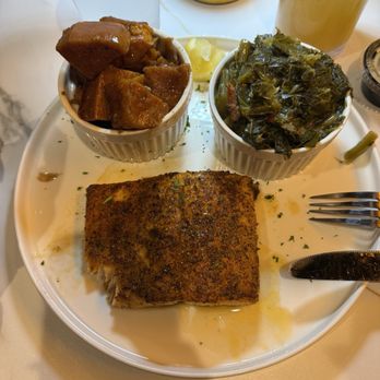 Southern Fire Kitchen - Salmon, collard greens and yams. Arnold Palmer - Southern Near Me - Fayetteville, Georgia
