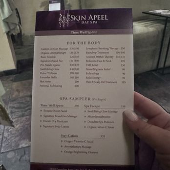 Skin Apeel Day Spa - Menu - Day Spas Near Me - Boca Raton, Florida
