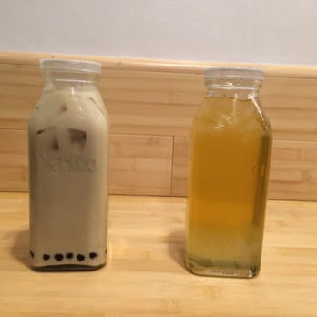 Plentea - Oolong Milk Tea w/ boba (left) and Green Tea w/ aloe vera - Tea Rooms Near Me - San Francisco, California Plentea - Oolong Milk Tea w/ boba (left) and Green Tea w/ aloe vera - Tea Rooms Near Me - San Francisco, California