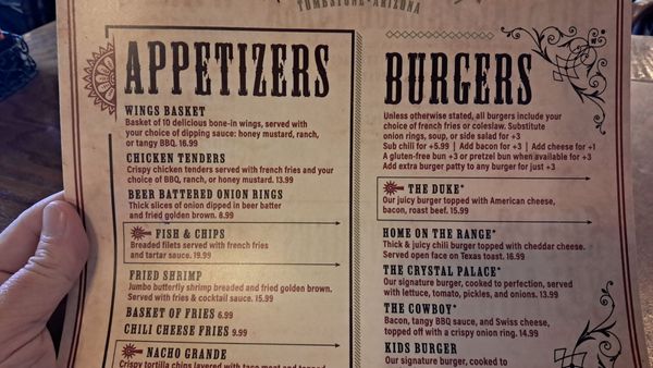 Menu photo 1 Crystal Palace Saloon Tombstone, AZ