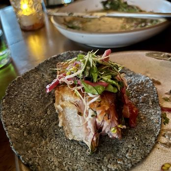 Broken Spanish Comedor - Chicharron with the greens and tortillas (extra charge) - New Mexican Cuisine Near Me - Los Angeles, California