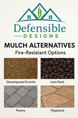 Photo of Defensible Designs - Orinda, CA, US. Wood mulch alternatives to consider for Zone 0: decomposed granite, lava rock, pavers, flagstone and more