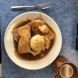 Hills 210 Cafe and Subs - Hot roast beef sandwich with mashed potatoes and gravy with coffee.
