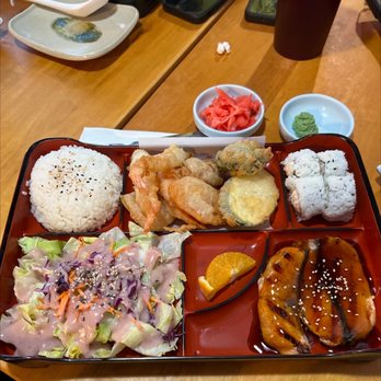 Sushi-Ray - bento box salmon teriyaki and mixed tempura - Sushi Bars Near Me - Hemet, California Sushi-Ray - bento box salmon teriyaki and mixed tempura - Sushi Bars Near Me - Hemet, California