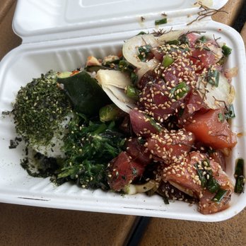 Jus' Poke - Original and shoyu with sides of cucumber pickle and spicy edamame - Hawaiian Near Me - Redondo Beach, California Jus' Poke - Original and shoyu with sides of cucumber pickle and spicy edamame - Hawaiian Near Me - Redondo Beach, California
