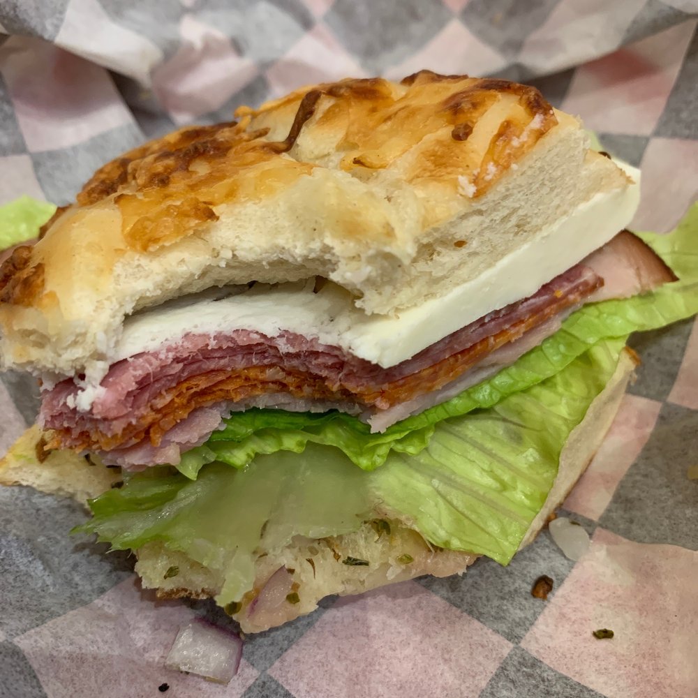 Jupiter House - no 17 - mozzarella, prosciutto, salami, ham, lettuce, onions on an asiago bagel - Coffee & Tea Near Me - Denton, Texas