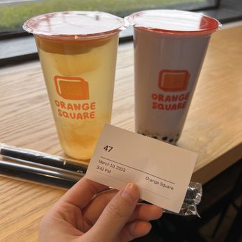 Orange Square - A16. Winter Melon Lemon Aiyu (w/ White Pearl) and A08. Fresh Taro Milk Tea with Fresh Taro Chunk (w/ Honey Boba) - Taiwanese Near Me - Santa Clara, California