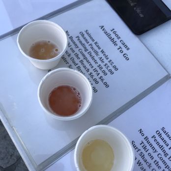 Ohana Brewing - Samples! (Top to bottom) No Bunny Compares IPA Tiki on the Beach Spa Water Saison - Breweries Near Me - Alhambra, California