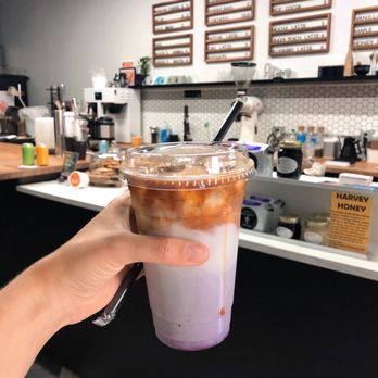 Character Coffee - large iced blueberry latte made with almond milk - Coffee & Tea Near Me - Utica, New York Character Coffee - large iced blueberry latte made with almond milk - Coffee & Tea Near Me - Utica, New York