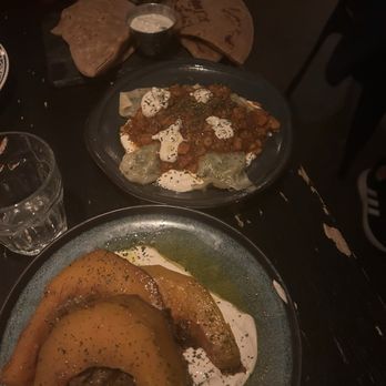 Lapis - Bolani in the back, Aushak with no beef (vegetarian dumplings) in the middle, buranee kadoo in front (pumpkin dish) - Afghan Near Me - Washington, DC, District of Columbia